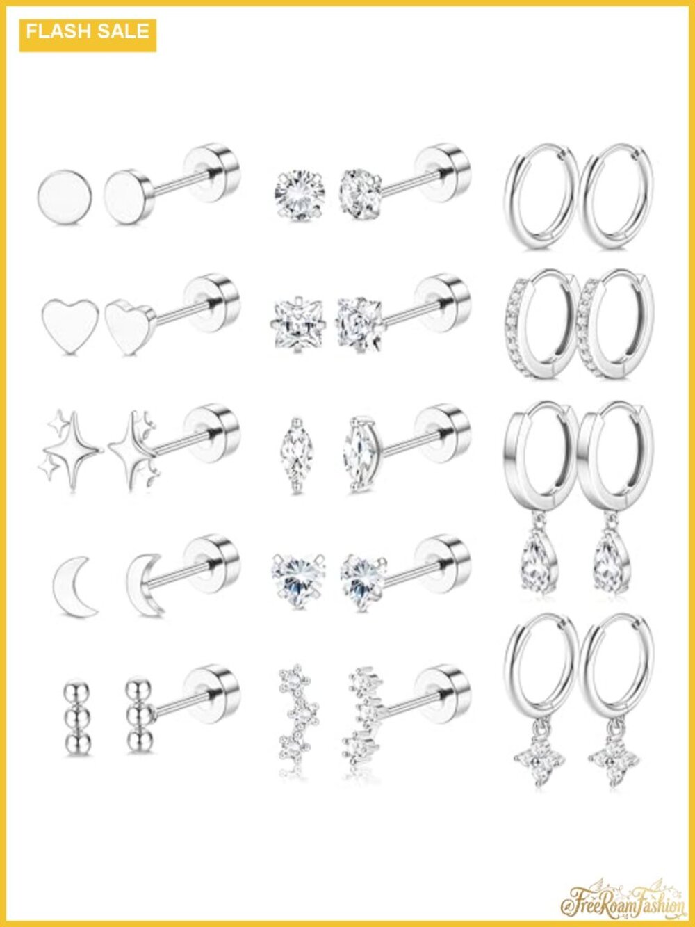 14K Gold Plated Flat Back Stud Earrings Set Hypoallergenic Screw Back for Women